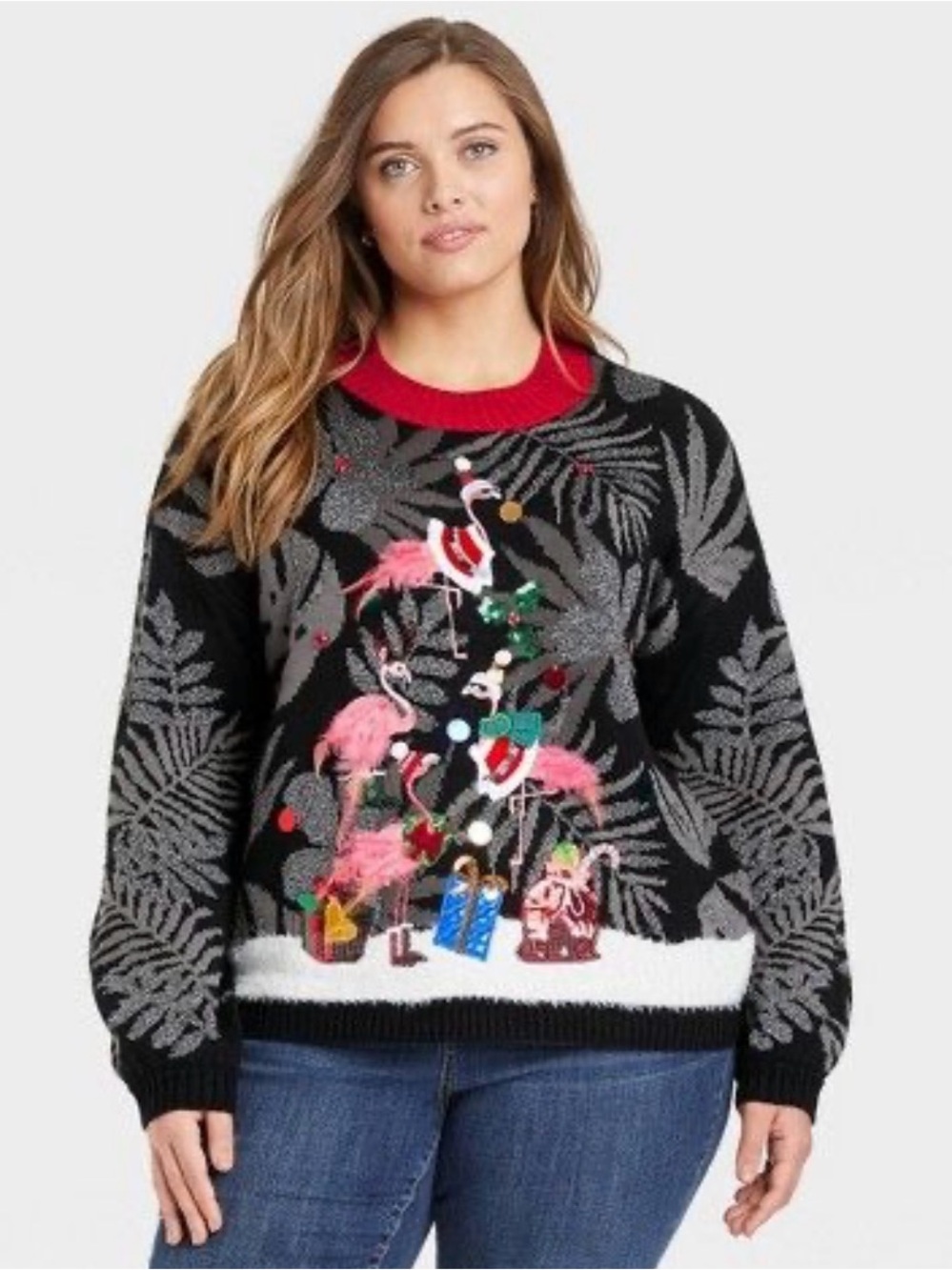 33 DEGREES Ugly Christmas Sweater Tropical Feathered Flamingos Black/Silver XXL